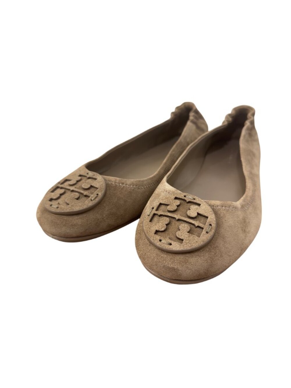 Tory Burch Minnie Travel Suede Ballet Flats Beige Logo Detail Women Size 9.5M - Picture 2 of 16